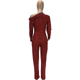 EVE Houndstooth Print Long Sleeve One Piece Jumpsuit MEI-9133
