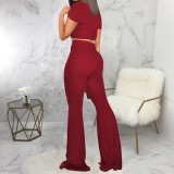 EVE Solid Short Sleeve Flared Pants Two Piece Suits SMR-9917
