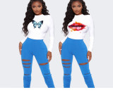 EVE Long Sleeve Printed T-shirt And Pile Pants Two Piece Set YIBF-6015