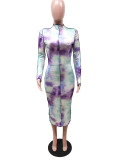 EVE Long Sleeve Tie-dye Print Sexy Midi Dress YIBF-6013