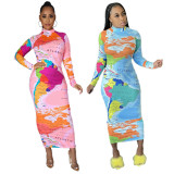 EVE Sexy Map Print Turtleneck Long Sleeve Slim Maxi Dress SFY-218