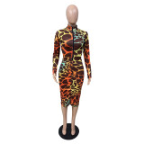 EVE Plus Size Long Sleeve Printed Front Zip Midi Dress WAF-7132