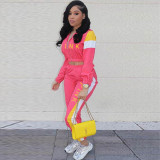 EVE Fashion Casual Splice PINK Letter Print Coat And Pants Sports Two Piece Set XMF-034