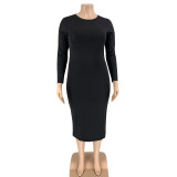 EVE Plus Size 5XL Solid Color Long Sleeve Skinny Bodycon Midi Dress Without Belt OSIF-20972