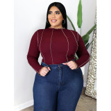 EVE Plus Size 5XL Solid Ribbed Long Sleeve Pullover Tops ASL-7011