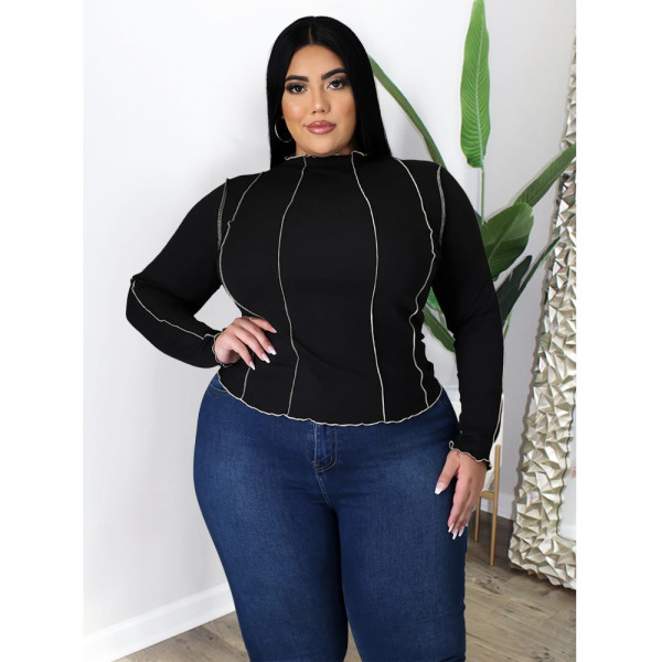 EVE Plus Size 5XL Solid Ribbed Long Sleeve Pullover Tops ASL-7011