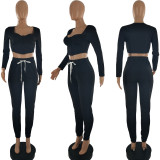 EVE Sexy Solid Color Zipper Top And Sweatpants Two Piece Set CQF-932
