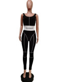 EVE Ribbed Embroidery Letter Sleeveless Jumpsuits+Full Sleeve Crop Tops 2 Piece Sets MEM-8324