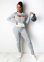 EVE Ribbed Embroidery Letter Sleeveless Jumpsuits+Full Sleeve Crop Tops 2 Piece Sets MEM-8324