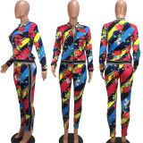EVE Plus Size Floral Print Zipper Jacket Pants 2 Piece Sets DAI-8045