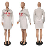 EVE Fashion DRIP Letter Printed Zipper Long Sleeve Dress XMF-033