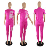 EVE Plus Size Pink Letter Print Short Sleeve 2 Piece Pants Set YIM-8101