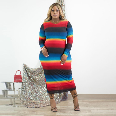 EVE Plus Size Rainbow Striped Full Sleeve Long Dress YD-8357