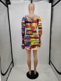 EVE Tie-dye Print Ruched Ruffle Sleeve Sexy Tight Dress APLF-1238