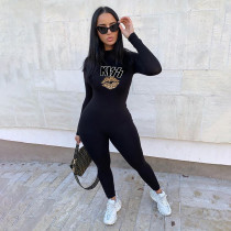 EVE Casual Letter Lips Print Long Sleeve Tight Jumpsuit YIBF-6035