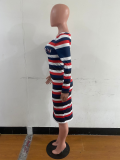 EVE Plus Size 4XL Striped Letter Print Midi Dress OM-1199