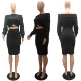 EVE Sexy Ribbed Slash Neck Long Sleeve Midi Skirt 2 Piece Sets MAE-2075