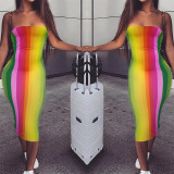 EVE Sexy Rainbow Striped Strapless Bodycon Midi Dress RUF-8178