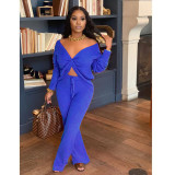 EVE Solid V Neck Long Sleeve Two Piece Sets FOSF-8010