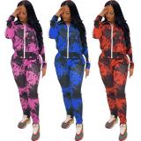 EVE Tie Dye Print Zipper Long Sleeve Two Piece Sets FOSF-8026