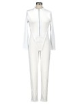 Casual Solid Front Zipper Long Sleeve Tight Jumpsuits AIL-138