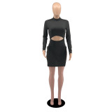 EVE Tight Sexy Black Long Sleeve Split Mini Dress YIBF-6038