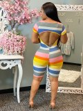 EVE Colorful Striped Backless Short Sleeve Rompers WSM-5223