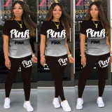 EVE Pink Letter Print Gradient T Shirt Pants 2 Piece Sets KSN-8069