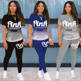 EVE Pink Letter Print Gradient T Shirt Pants 2 Piece Sets KSN-8069