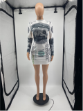 EVE Dollar Print Backless Long Sleeve Mini Dress IV-8158