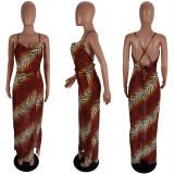 EVE Sexy Tiger Striped High Split Slip Maxi Dress LSL-6412