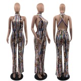 EVE Sexy Printed Halter Backless Wide Leg Jumpsuits OY-6248