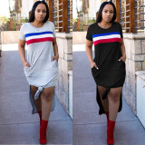 EVE Casual Stripe Print Short Sleeve Split Long T Shirt Dress OY-6247