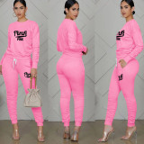 Pink Letter Print Long Sleeve Ruched Pants 2 Piece Sets TE-4196