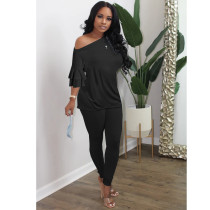 EVE Casual Solid Color Flare Sleeve Top And Pants Two Piece Set XYMF-8056
