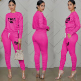Pink Letter Print Long Sleeve Ruched Pants 2 Piece Sets TE-4196