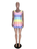 EVE Plus Size Sports Casual Color Striped Print Vest Shorts 2 Piece Set MX-1125