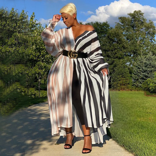 EVE Plus Size Fashion Casual Striped Printed Long Sleeve Maxi Dress (Without Belt) NNWF-7013