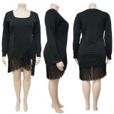 EVE Plus Size Black Long Sleeve Tassel Sexy Nightclub Dress NNWF-7057