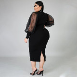 EVE Plus Size Mesh Perspective Splice Sleeve Solid Color Slim Midi Dress NNWF-7020