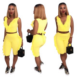 EVE Plus Size Solid Ruffled Sleeveless Two Piece Shorts Set LSD-8111