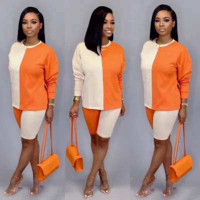 EVE Contrast Color Patchwork Long Sleeve 2 Piece Short Sets LSD-8635
