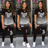 EVE Pink Letter Print T Shirt Pants Two Piece Sets TK-6150