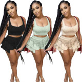 EVE Sexy Sleeveless Top Ruffled Shorts Two Piece Sets HHF-9071