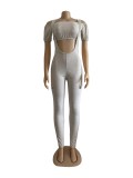 EVE Solid Slash Neck Crop Top+Suspender Pants 2 Piece Sets WUM-2131