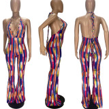 EVE Sexy V Neck Halter Backless Printed Jumpsuits AWN-5200