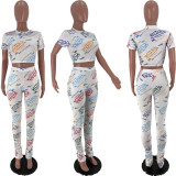 EVE Letter Print Short Sleeve Two Piece Pant Sets ARM-8247