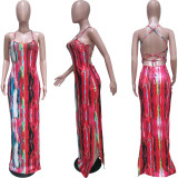 EVE Sexy Printed Split Backless Slip Maxi Dress BGN-148