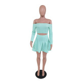 EVE Solid Slash Neck Long Sleeve Top Pleated Mini Skirt 2 Piece Sets BS-1250
