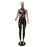 EVE Musical Note Print Hollow Out Halter Jumpsuit QSF-5048